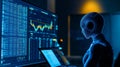 Futuristic humanoid robot analyzing data on computer screens. A blend of technology and artificial intelligence. Explore the Royalty Free Stock Photo