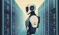 Futuristic humanoid robot in data center, showcasing advanced technology and artificial intelligence, surrounded by rows Royalty Free Stock Photo