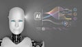 Futuristic humanoid robot with digital interface showcasing artificial intelligence technology, data visualization, and Royalty Free Stock Photo