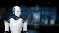 Futuristic humanoid robot displaying artificial intelligence concepts with digital interface and data visualization in a Royalty Free Stock Photo