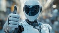 Futuristic humanoid robot giving thumbs up in high-tech environment at night. Royalty Free Stock Photo