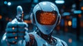 Futuristic humanoid robot giving thumbs up in high-tech environment at night. Royalty Free Stock Photo