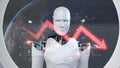 Futuristic humanoid robot with glowing blue eyes analyzing data trends and financial graphs in a high-tech environment Royalty Free Stock Photo