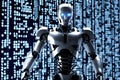 Futuristic humanoid robot with glowing eyes, against a streaming binary code