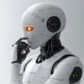 futuristic humanoid robot with glowing orange eye in thoughtful pose showing advanced artificial intelligence technology concept Royalty Free Stock Photo