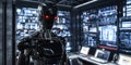 Futuristic humanoid robot with glowing red eyes in high-tech control room Royalty Free Stock Photo