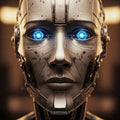 Futuristic humanoid robot head with metallic surface and intricate mechanical