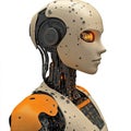 Futuristic humanoid robot head and shoulders profile view with orange accents Royalty Free Stock Photo