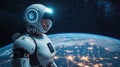 Futuristic humanoid robot with high-tech design observing earth from space, glowing lights, and cosmic views inspire advanced