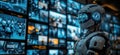 Futuristic humanoid robot in high-tech environment with multiple screens displaying data Royalty Free Stock Photo