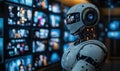 Futuristic humanoid robot in high-tech environment with multiple screens displaying data Royalty Free Stock Photo
