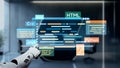 Futuristic humanoid robot interacting with digital programming interface displaying various coding languages and Royalty Free Stock Photo