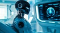 Futuristic humanoid robot interacting with holographic data interface in a modern laboratory setting. concept of advanced Royalty Free Stock Photo