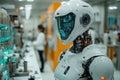 Futuristic humanoid robot in laboratory exploring artificial intelligence and technology advancements
