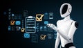 Futuristic humanoid robot managing digital documents and checklists on a virtual interface. 3D Rendering