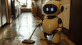 Futuristic humanoid robot mopping floor in modern kitchen setting Royalty Free Stock Photo