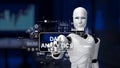 Futuristic humanoid robot presenting data analytics concepts with digital graphs and charts in a modern office Royalty Free Stock Photo