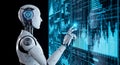Futuristic white humanoid robot interacting with blue digital data wall Royalty Free Stock Photo