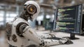 Futuristic humanoid robot programming as a developer at computer, coding in modern office, focused and innovative atmosphere Royalty Free Stock Photo