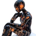 futuristic humanoid robot sitting in a thoughtful pose with glowing circuit patterns and electronic components on its body Royalty Free Stock Photo