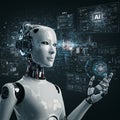 A futuristic humanoid robot with a sleek white body stands against a digital interface backdrop.
