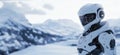 Futuristic humanoid robot in snowy landscape, showcasing advanced technology and sleek design, set against a backdrop of Royalty Free Stock Photo