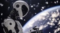 Futuristic humanoid robot in space with earth in the background interacting with ai technology and advanced robotics systems