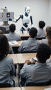 A futuristic humanoid robot teacher instructing students in a modern classroom Royalty Free Stock Photo