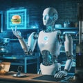 futuristic humanoid robot thinking a hamburger