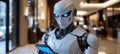 Futuristic Humanoid Robot Using Smartphone, Artificial Intelligence in Modern Office Space