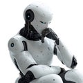 futuristic humanoid robot in white armor sitting and thinking with hand on chin isolated on white background Royalty Free Stock Photo