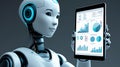Humanoid robot with glowing blue details holding a tablet displaying business data charts and statistics. Royalty Free Stock Photo