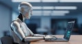 Futuristic humanoid robot working on laptop in modern office environment, artificial intelligence and robotics concept Royalty Free Stock Photo