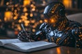 A futuristic humanoid robot writes in a book