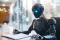 A futuristic humanoid robot writes in a book