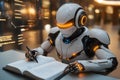 A futuristic humanoid robot writes in a book