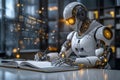 A futuristic humanoid robot writes in a book
