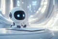 A futuristic humanoid robot writes in a book