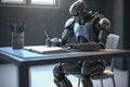 Futuristic humanoid robot writing with a pen, ChatGPT bot answering questions concept, Generative AI