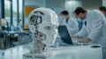 Futuristic Humanoid Robotic Head with Exposed Circuitry in Laboratory Setting