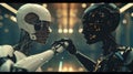 Futuristic humanoid robots holding hands in cybernetic setting Royalty Free Stock Photo