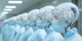 Futuristic humanoid robots lined up in modern facility, showcasing advanced technology