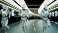 A futuristic humanoid robots, running through a sci-fi tunnel.