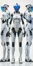 Futuristic humanoid robots stand in a sleek studio, showcasing advanced design and technology during a demo of