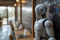 Futuristic Humanoid. Advanced Robot Stands By Blackboard with Formulas Inside