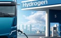 Futuristic hydrogen fuel cell truck next to filling station. Royalty Free Stock Photo