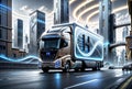 Modern hydrogen truck on the road. Transportation and logistics concept. 3d rendering, generative ai