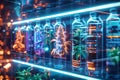 Futuristic hydroponic system with glowing plants in transparent containers, showcasing advanced technology and controlled plant Royalty Free Stock Photo