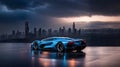 Futuristic hypercar against the backdrop of the cityscape of a metropolis