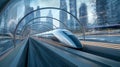 Futuristic hyperloop capsule speeding through transparent tunnel with city skyline in background Royalty Free Stock Photo